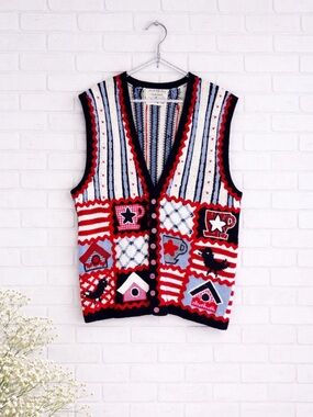 Vintage Marisa Christina Hand-Knit Patriotic Patchwork Sweater Vest Size L